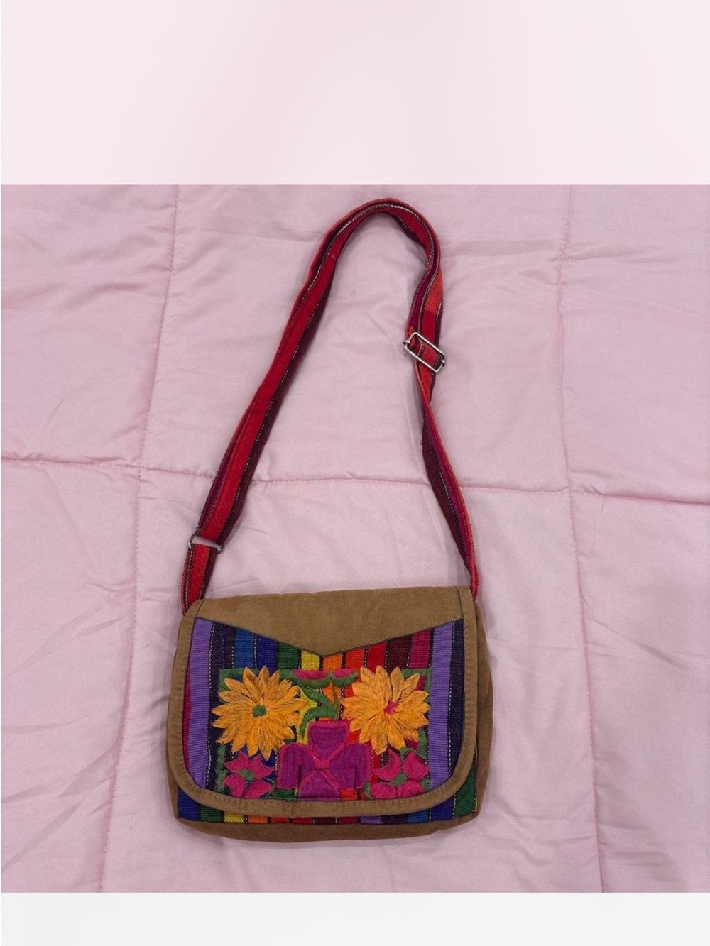 Boho Embroidered Floral Crossbody Bag - Multicolor & Brown